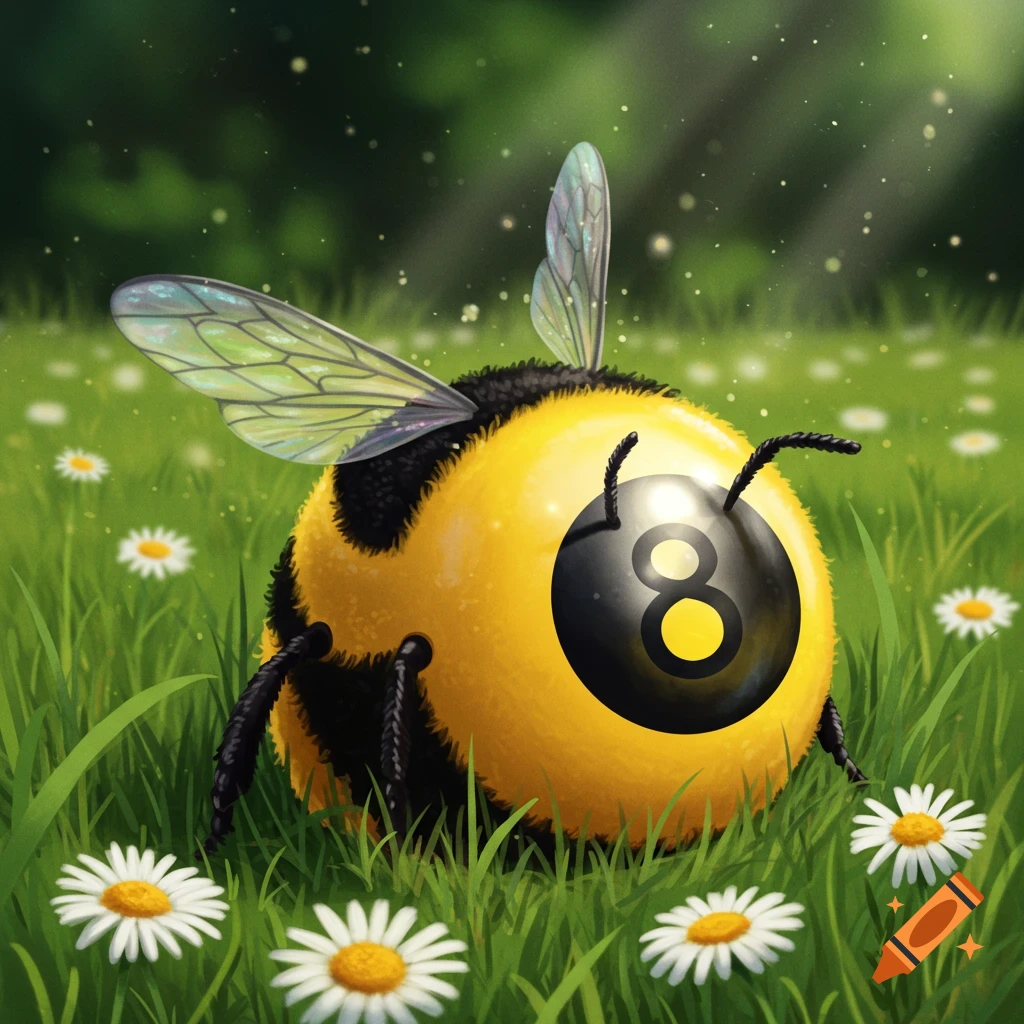 A whimsical image of a magic 8-ball transformed into a bumblebee, with yellow and black stripes, wings, and antennae, sitting in a field of green grass and white daisies.