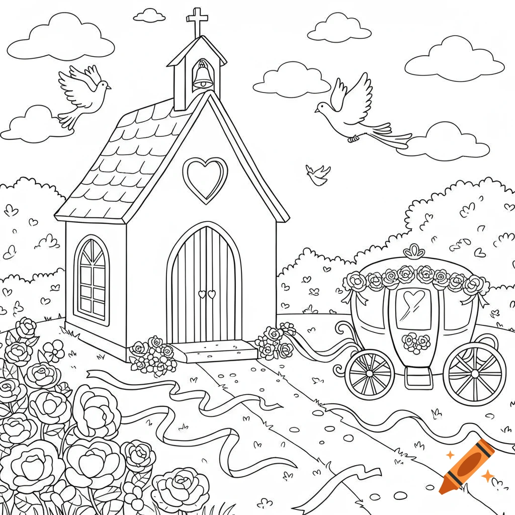 A simple line drawing for a coloring page shows a church, a decorative carriage, and flying doves surrounded by flowers and clouds, all in a wedding theme.
