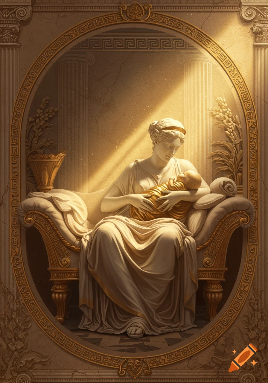 White marble statue of a draped woman holding a baby, framed by ornate golden Greek architecture with dramatic golden light.