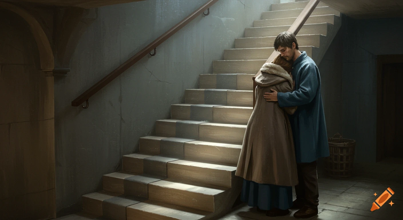 A man and a woman in medieval attire embrace at the bottom of a stone staircase in soft light.