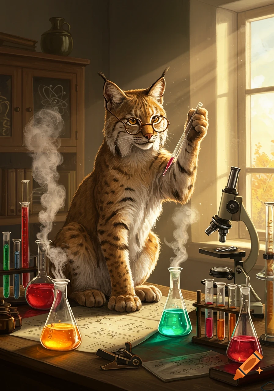 An anthropomorphic bobcat wearing glasses is in a sunlit laboratory, holding a pipette over a beaker. Various lab equipment and colorful chemicals are on the desk, with steam rising from some.