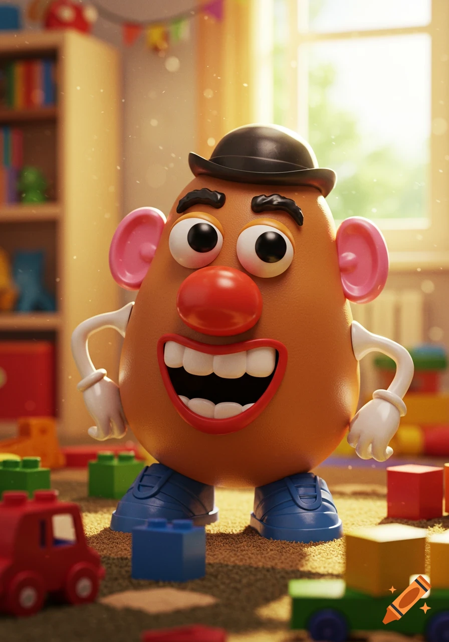 Photorealistic Mr. Potato Head with a happy expression standing in a child's playroom surrounded by colorful toys.