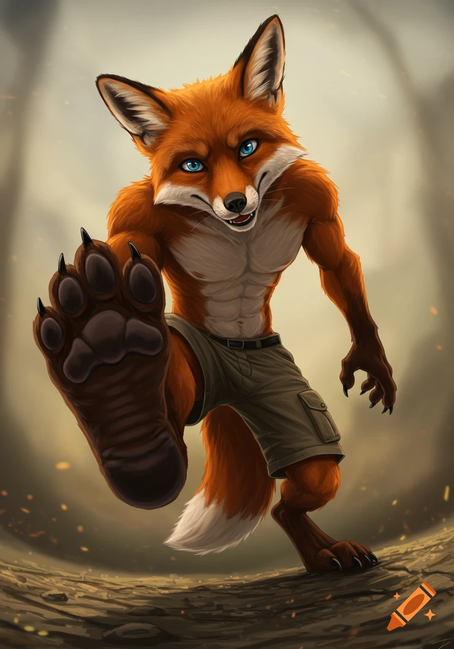 An anthropomorphic red fox in cargo shorts raises a paw, looking down with a mischievous smirk in a close-up illustration.