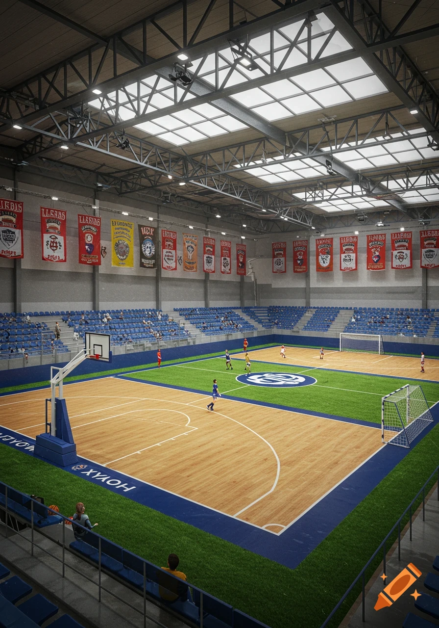 An expansive indoor sports arena featuring both a wooden basketball court and a green turf soccer field, with spectators in blue seats and banners on the walls.