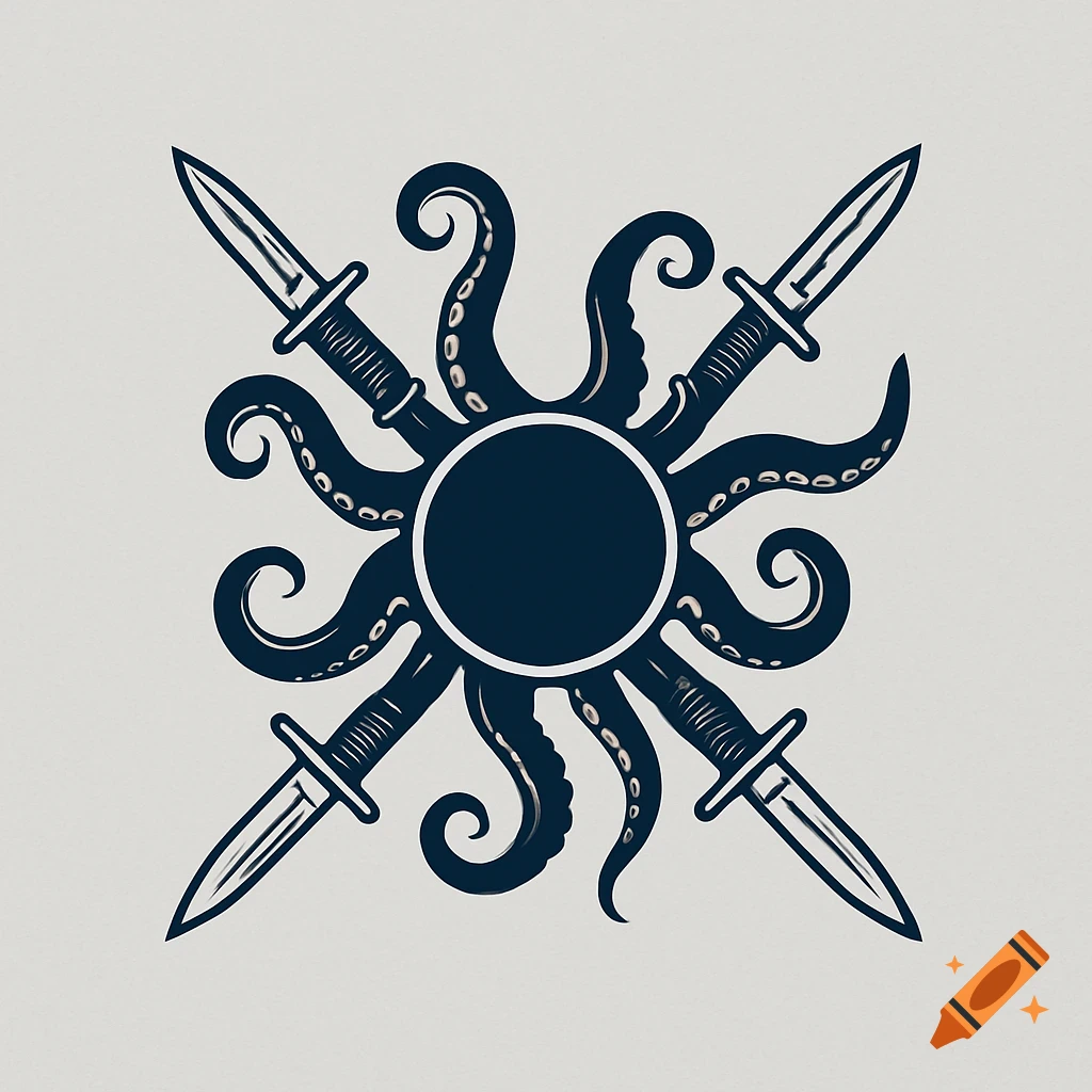A stylized dark blue octopus logo with a central circle and four silver bayonet knives crossed behind its tentacles on a light background.