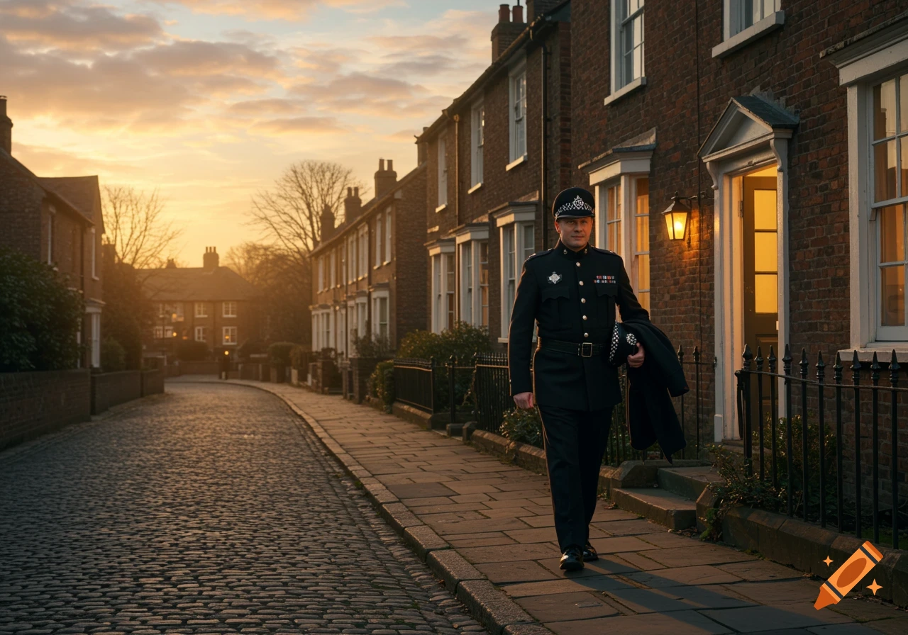 A British policeman walks down a cobblestone street lined with brick houses at sunset.