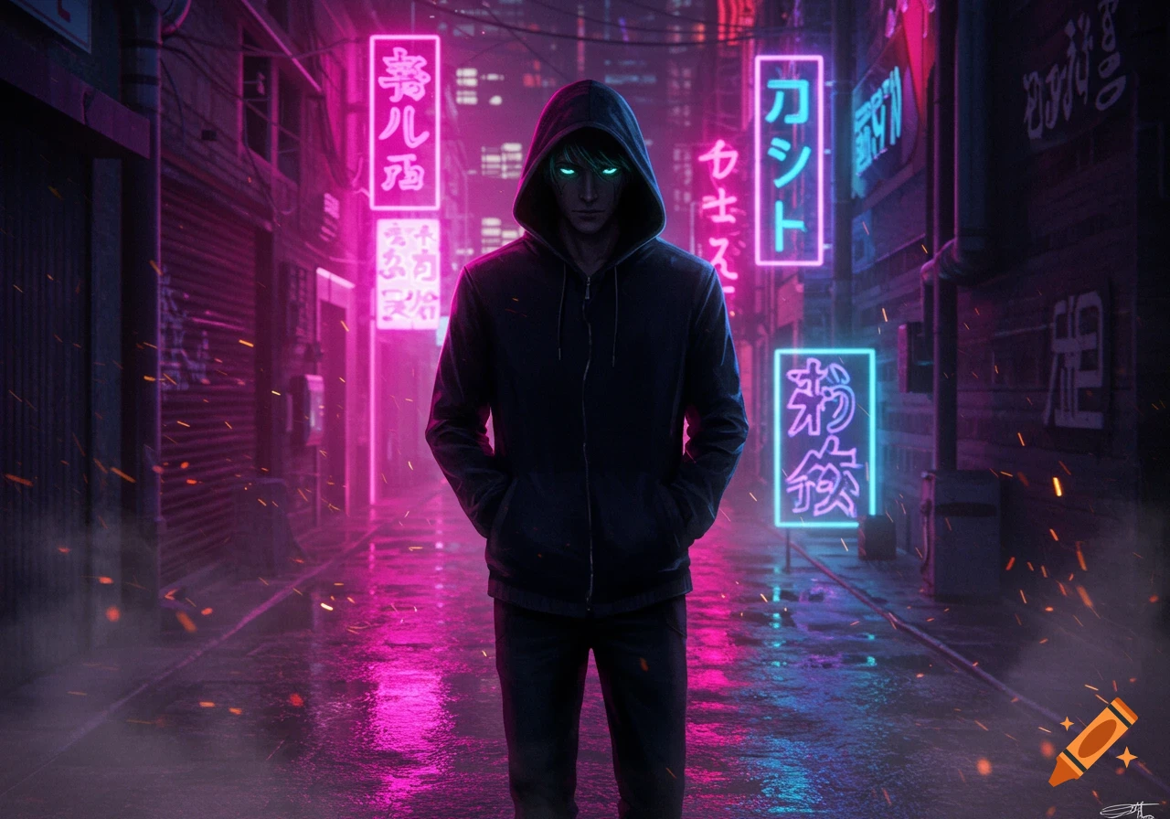 An anime-style man in a dark hoodie stands in a neon-lit cyberpunk alleyway with glowing green eyes, reflecting purple and blue light on the wet ground.