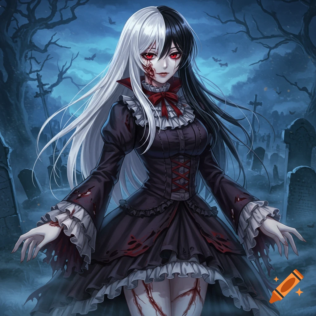 An anime girl with split black and white hair, red eyes, and a gothic dress with blood splatters stands in a graveyard.