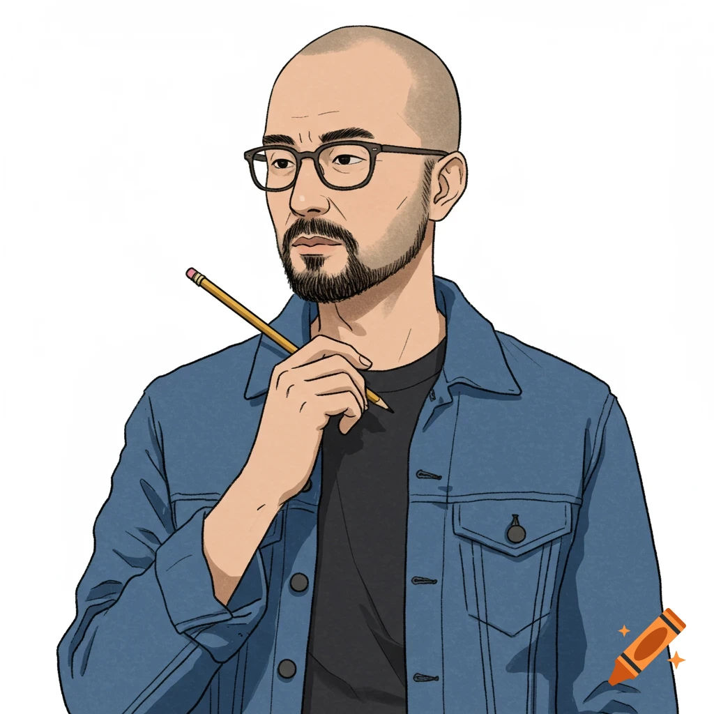 A thoughtful bald man with a beard and glasses, wearing a denim jacket, holds a pencil in a stylized illustration.