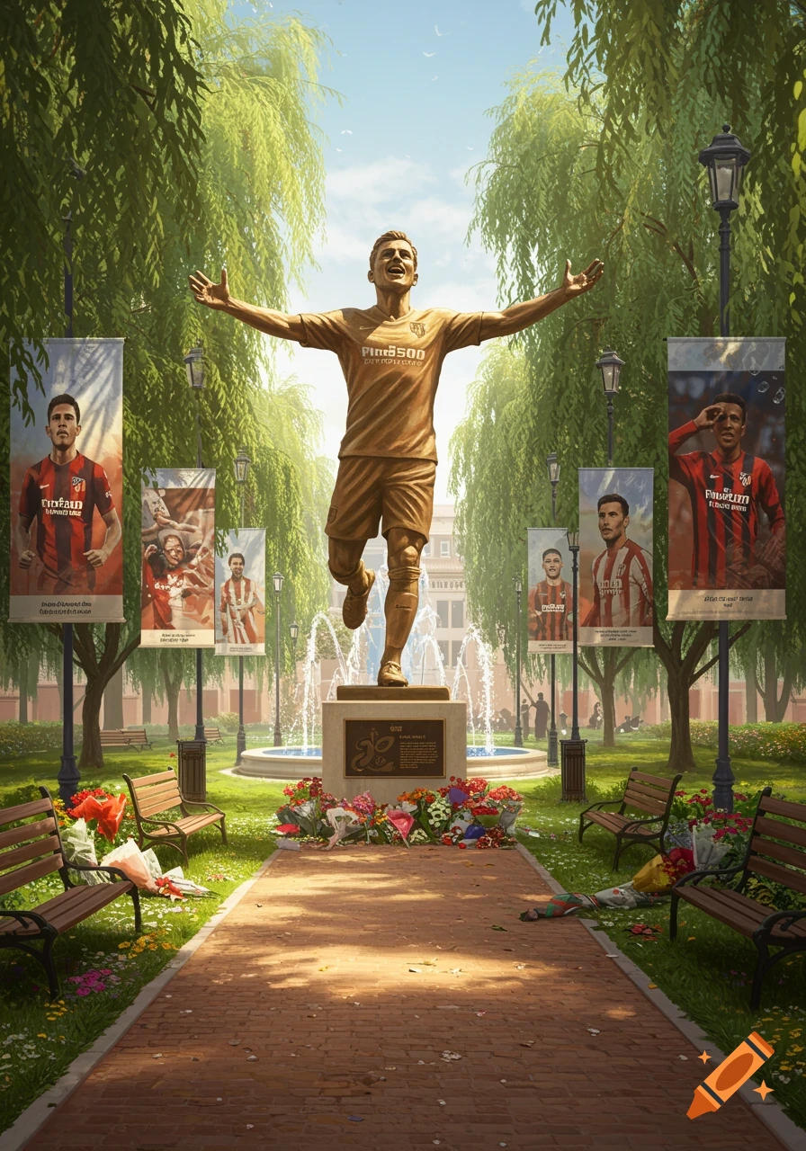 A bronze statue of a football player with arms outstretched stands in a park, surrounded by banners of other players, flowers, and benches, with a fountain in the background.