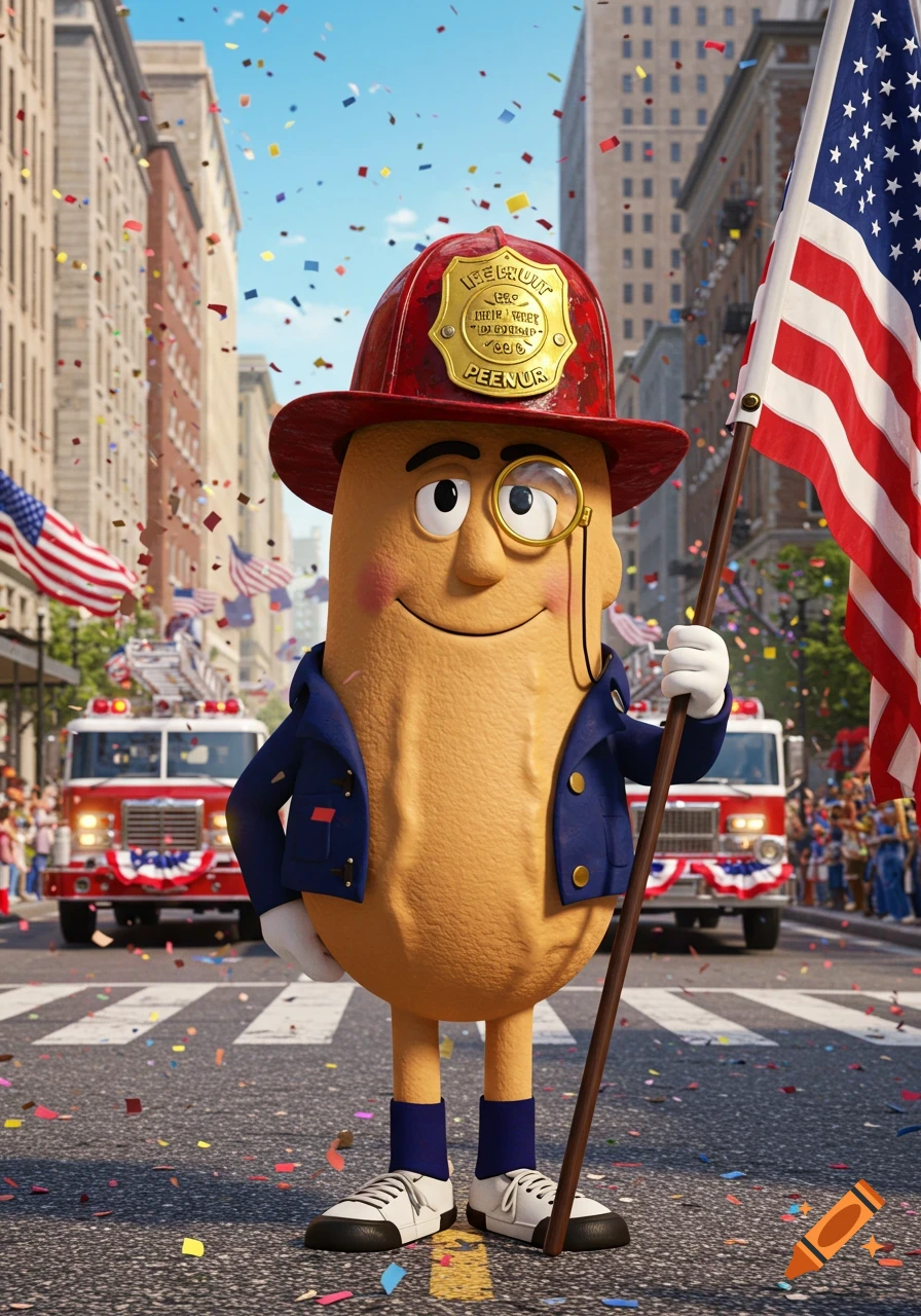 A cartoon peanut character wearing a firefighter helmet and a blue jacket holds an American flag in a city parade with fire trucks and confetti.