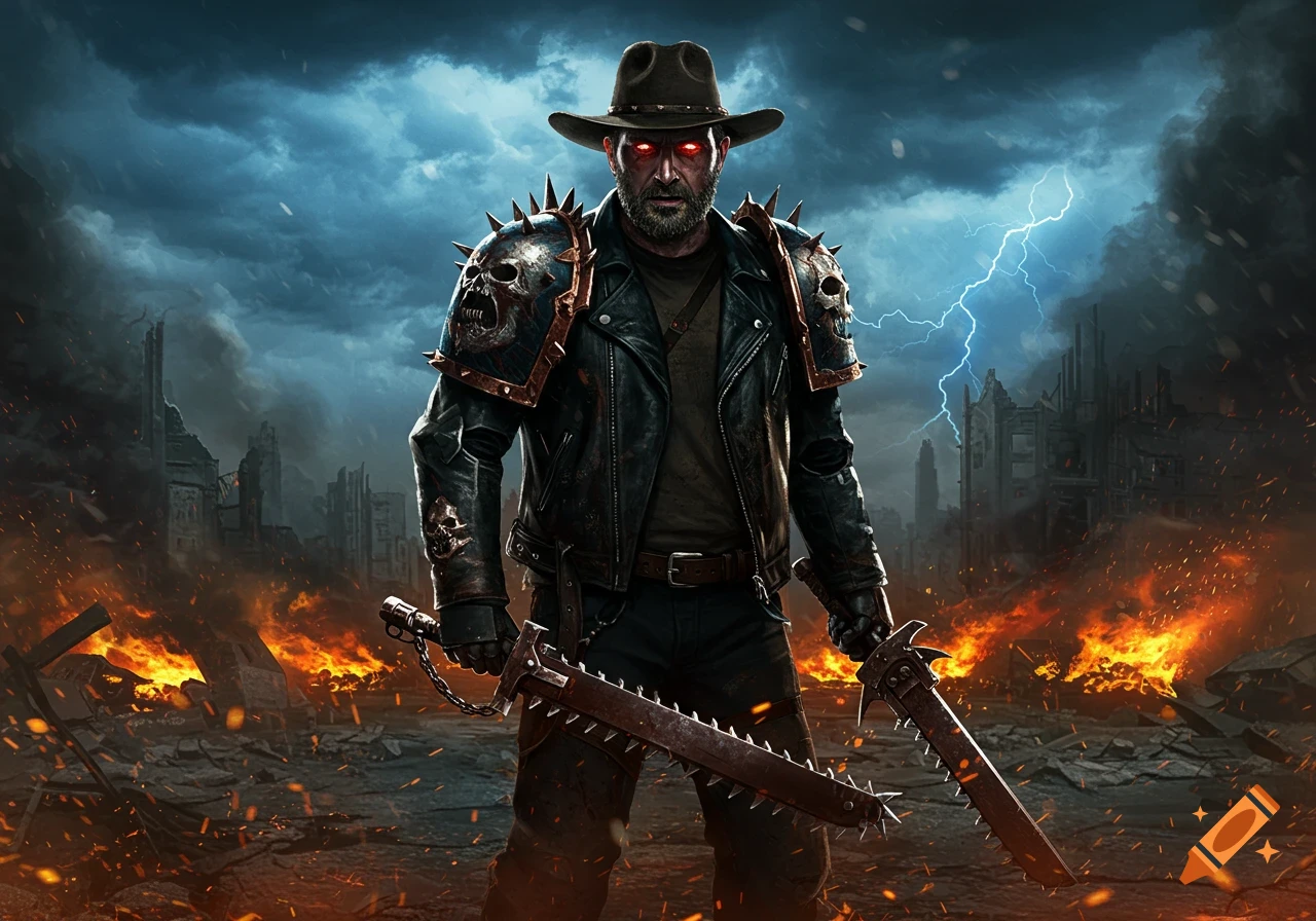 A man with glowing red eyes, wearing a spiked leather jacket and a hat, stands in a ruined, burning city holding two spiked cleaver weapons under a stormy sky.