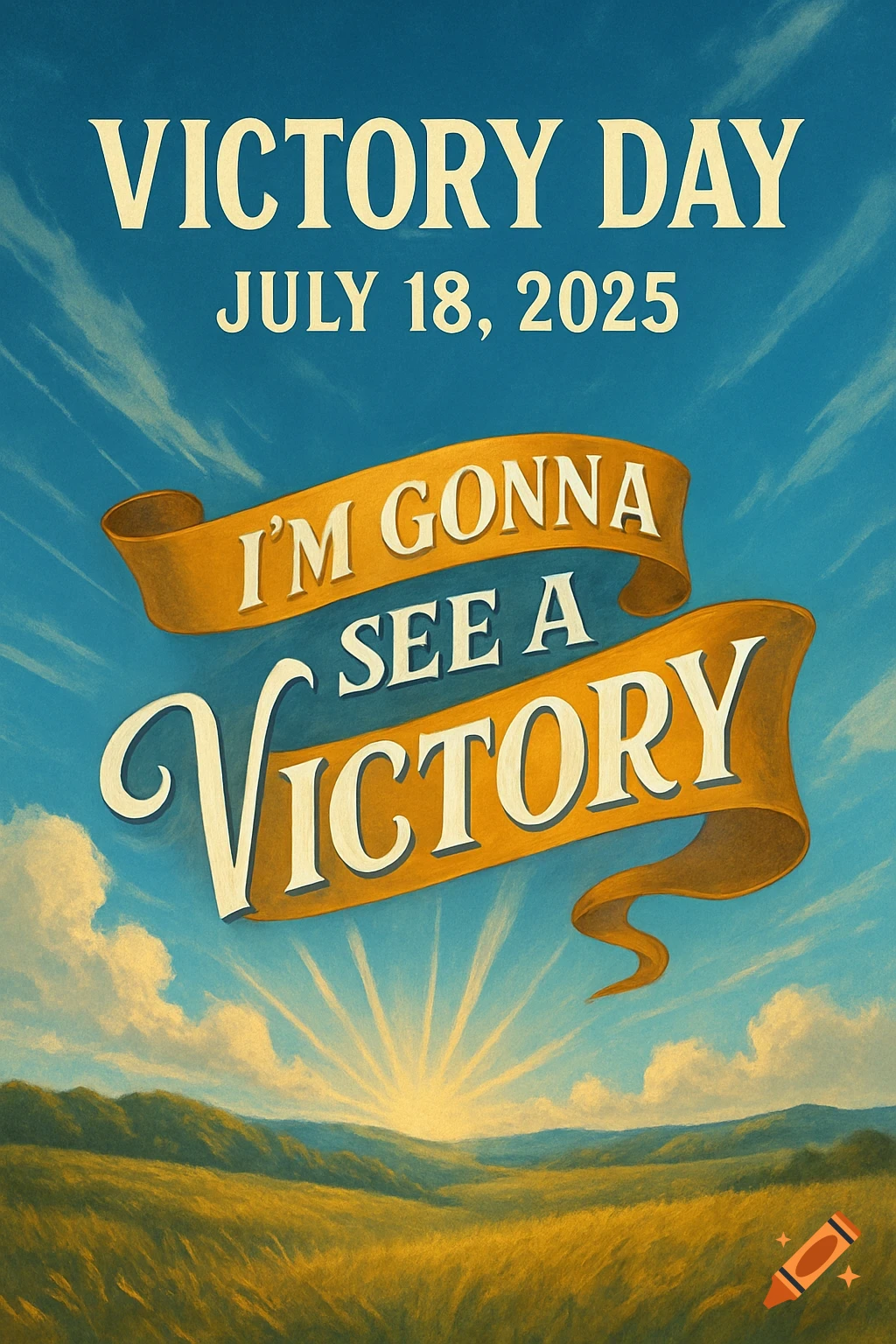 A vintage-style poster with a golden field, blue sky, and sunrise. Text reads Victory Day July 18, 2025, and I'm Gonna See A Victory.