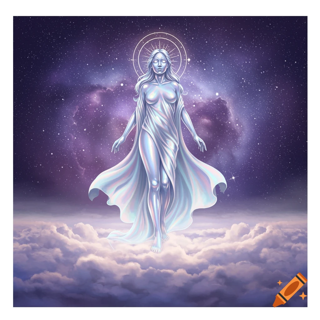 A goddess with shiny metallic skin and flowing iridescent robes stands on clouds before a purple starry galaxy and halo.