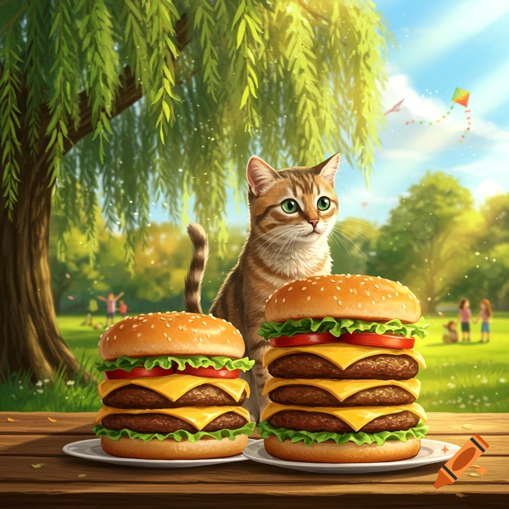 A cute tabby cat intently watches two large cheeseburgers on a picnic table under a green tree in a sunny park.