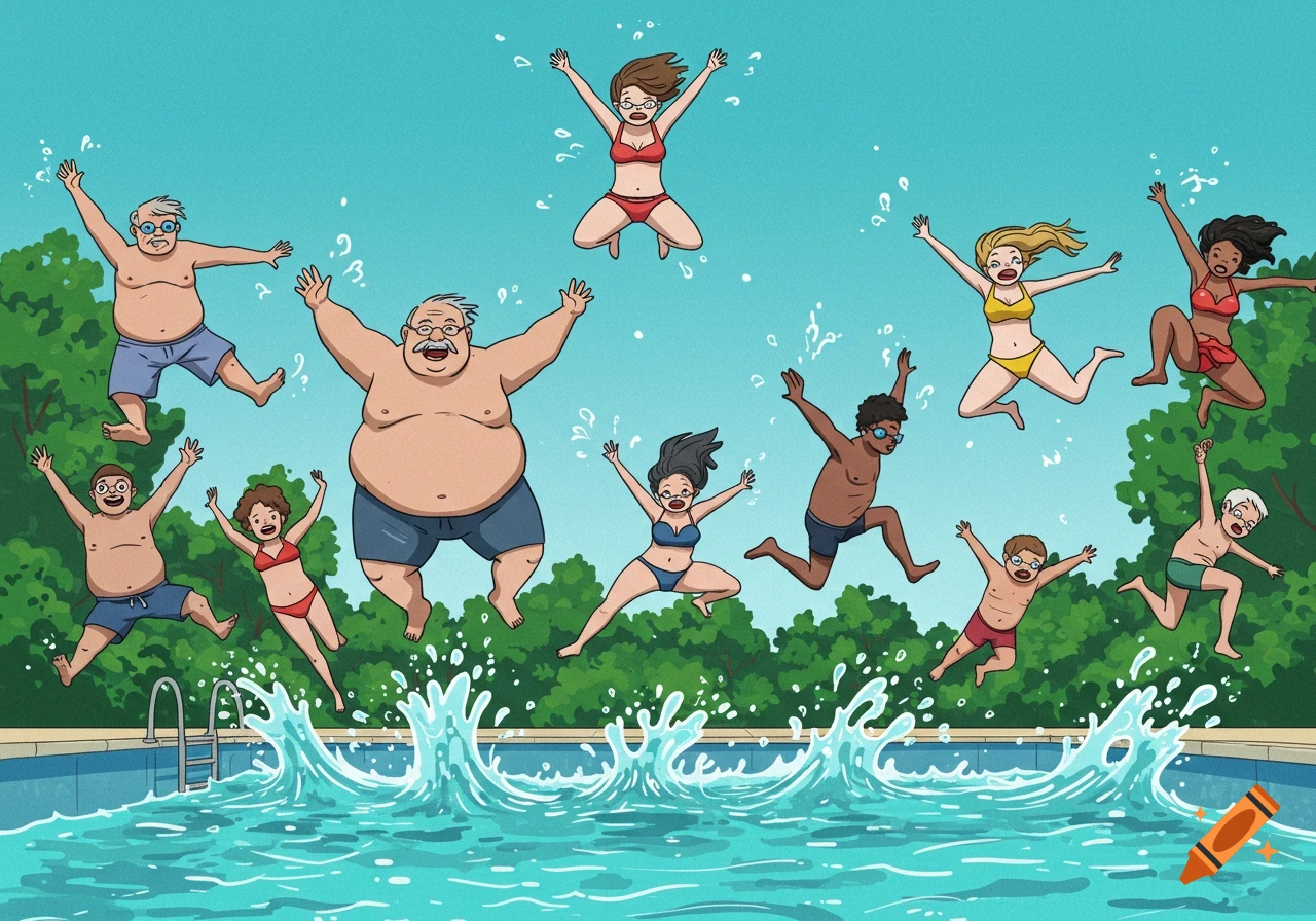 A group of diverse cartoon people of various ages and body types joyfully jump into a swimming pool, splashing water.