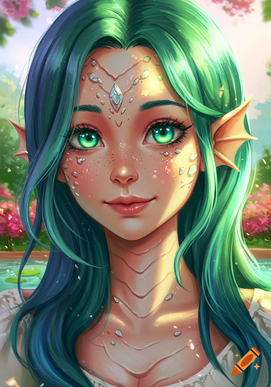 Close-up of a stylized fantasy girl with green hair, bright green eyes, scales, and fin-like ears in a sunny garden.