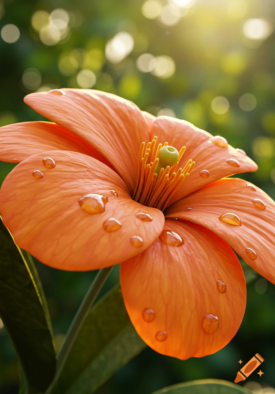 A close-up of a vibrant orange flower with water droplets on its petals, bathed in sunlight against a blurred green background.