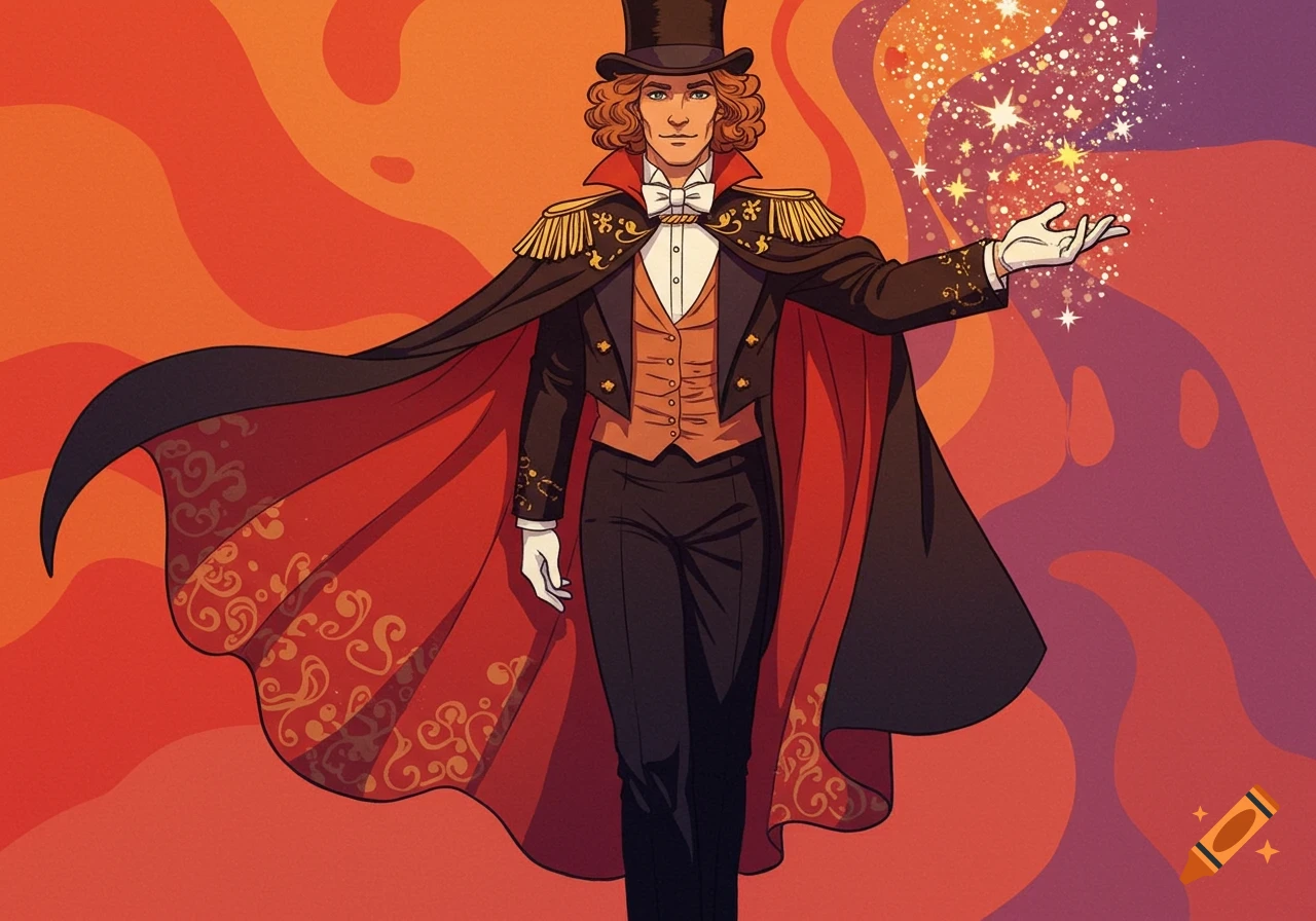 A man dressed as a magician in a top hat and cape, with curly hair, conjuring sparkling magic from his hand against a colorful, wavy background in a 1970s illustration style.