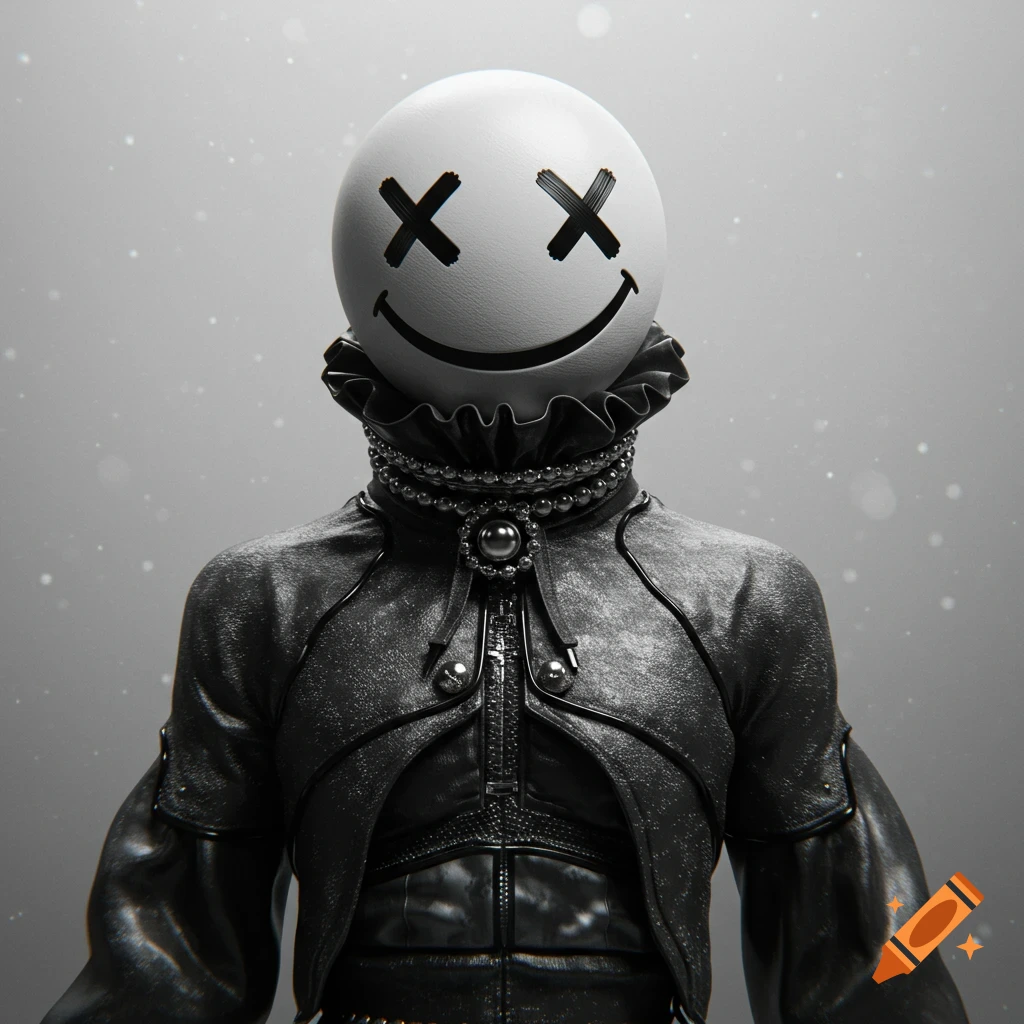 A dark 3D render of a figure wearing elaborate designer clothing, with a white spherical head featuring black X-eyes and a smile.