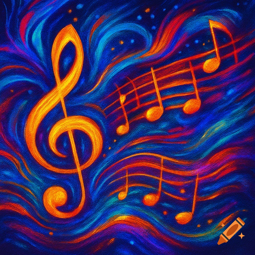 A vibrant abstract painting of a golden treble clef and musical notes against a swirling background of blue, red, and orange.