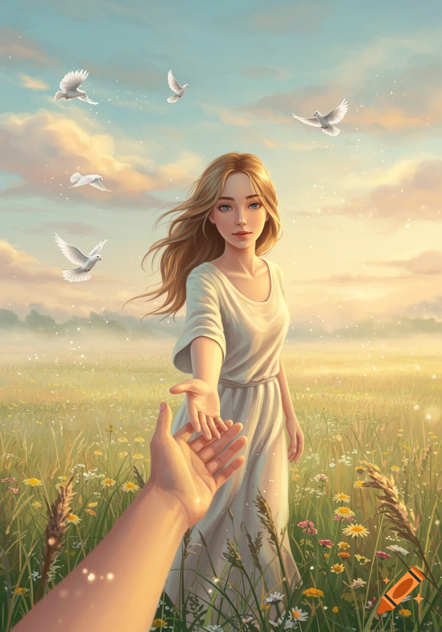 An ethereal illustration of a young woman in a white dress reaching out to a hand in a sunlit field with flowers and doves flying overhead.