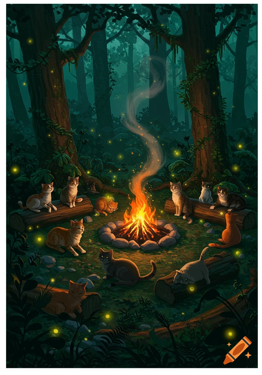 A group of cats gathered around a campfire in a mystical forest filled with fireflies, in an illustrated style.