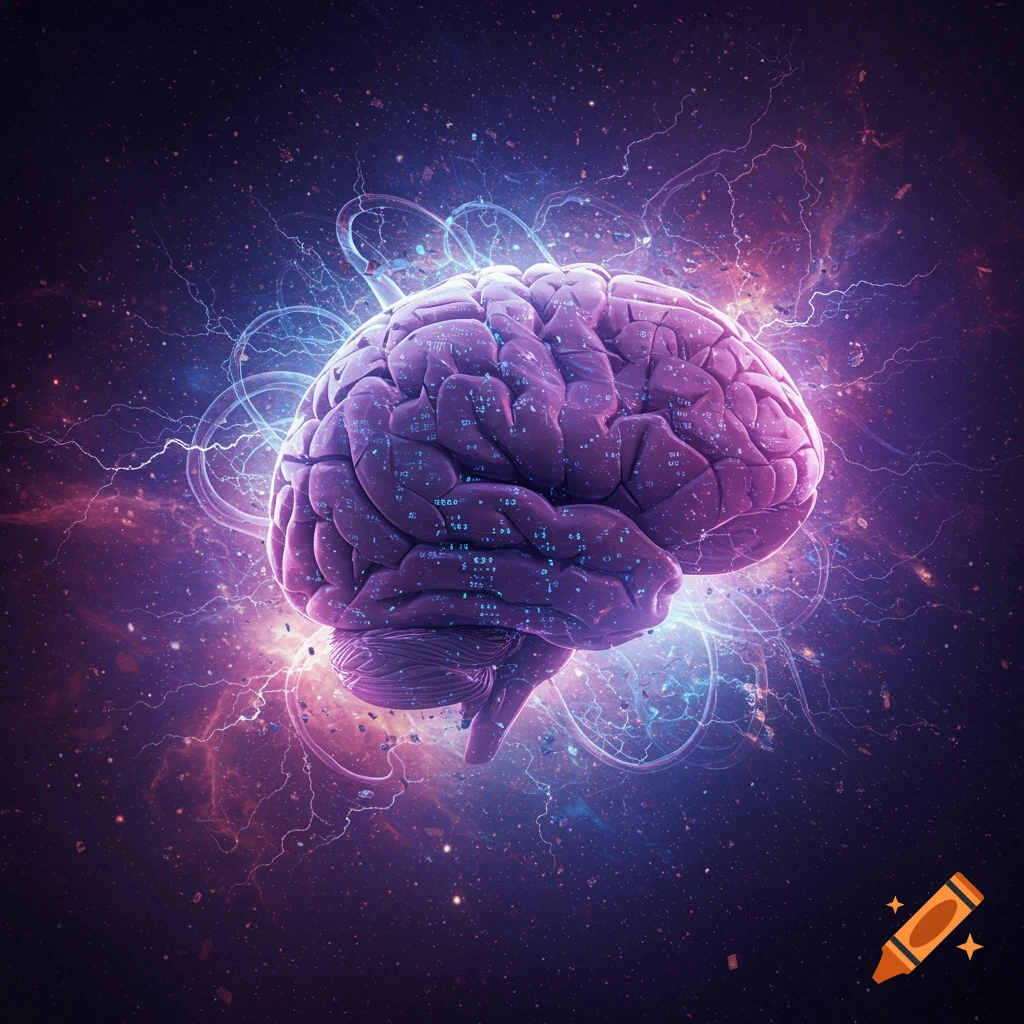 A glowing purple human brain with blue digital patterns and energy arcs floats in a dark, star-filled cosmic space.