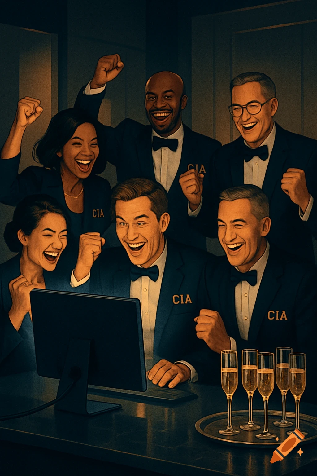 A diverse group of six people in tuxedos with 'CIA' logos celebrate excitedly around a computer, with champagne glasses on a table.