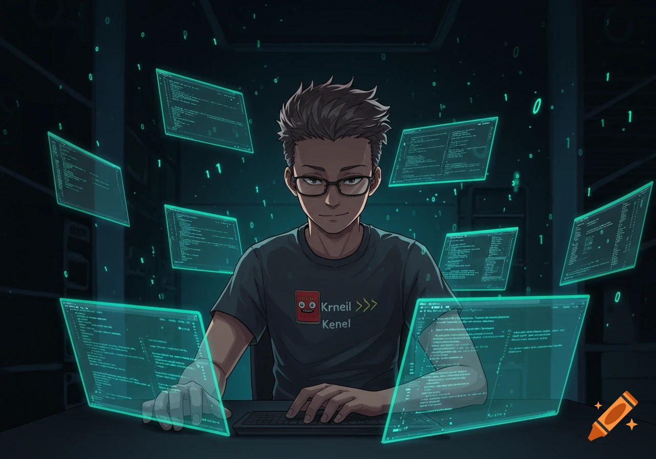 An anime-style illustration of a male Linux administrator wearing glasses and a t-shirt, typing on a keyboard surrounded by glowing holographic screens displaying code.