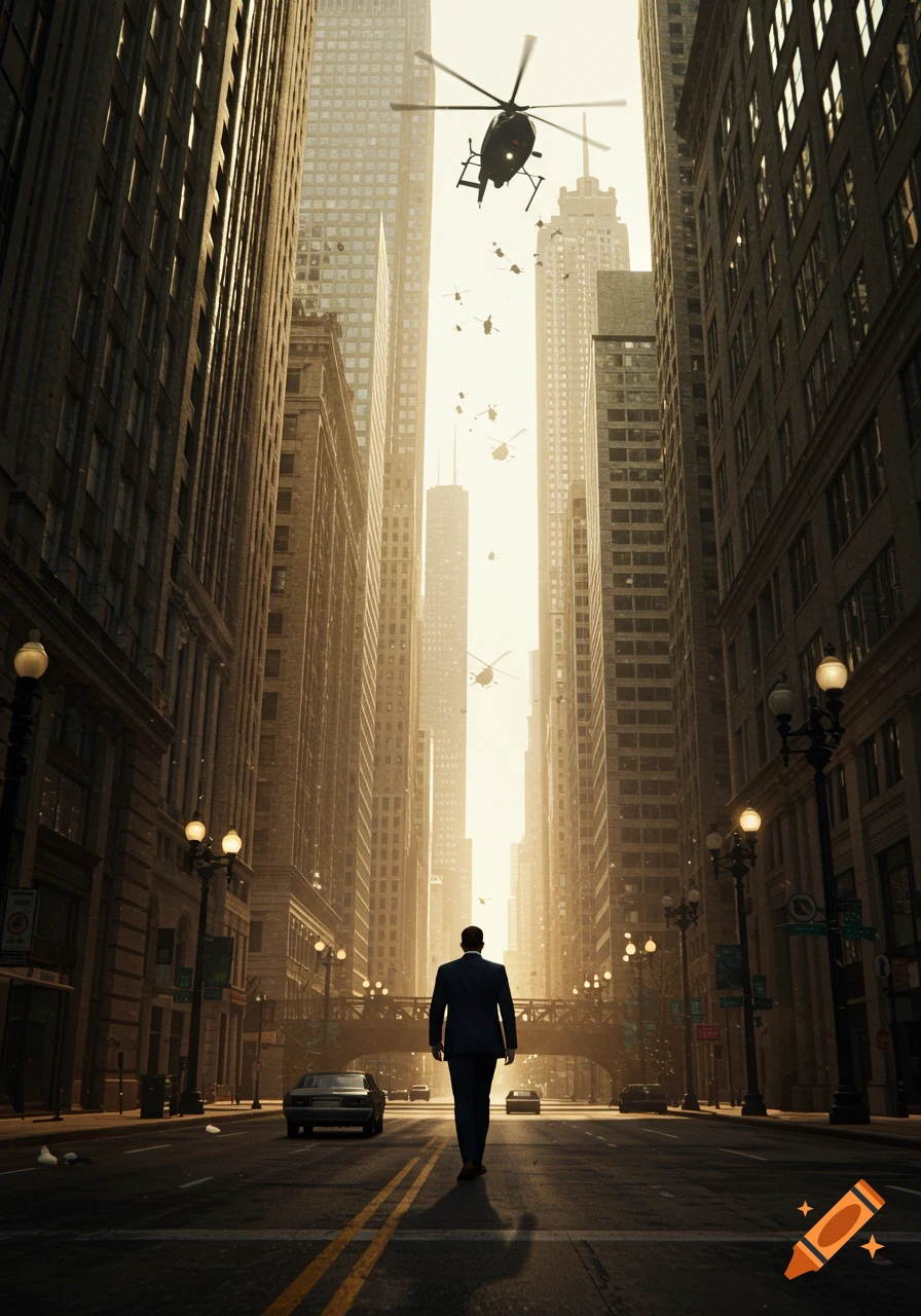 A man in a suit walks down a sunlit city street, with multiple helicopters flying overhead between tall buildings, in a photorealistic style.