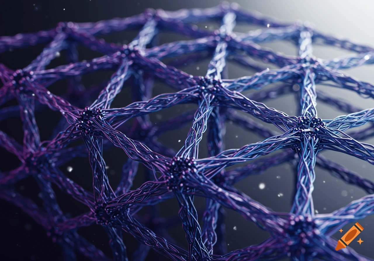 A close-up, abstract view of interconnected purple and blue nanowires forming a complex lattice, with sparkling elements in a dark background.