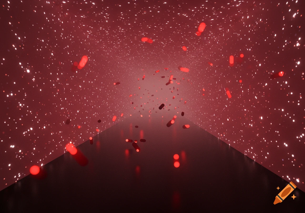 A surreal, dreamlike red hallway with glowing white dots on walls, a dark floor, and floating red lights.