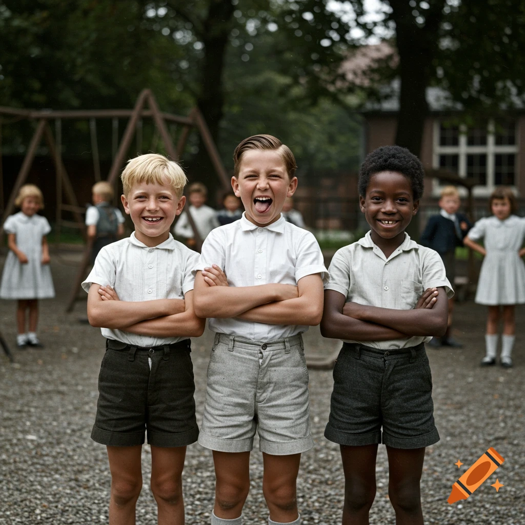 Three young boys in vintage school uniforms, arms crossed, stand smiling in a schoolyard with other children in the background. One boy makes a funny face.