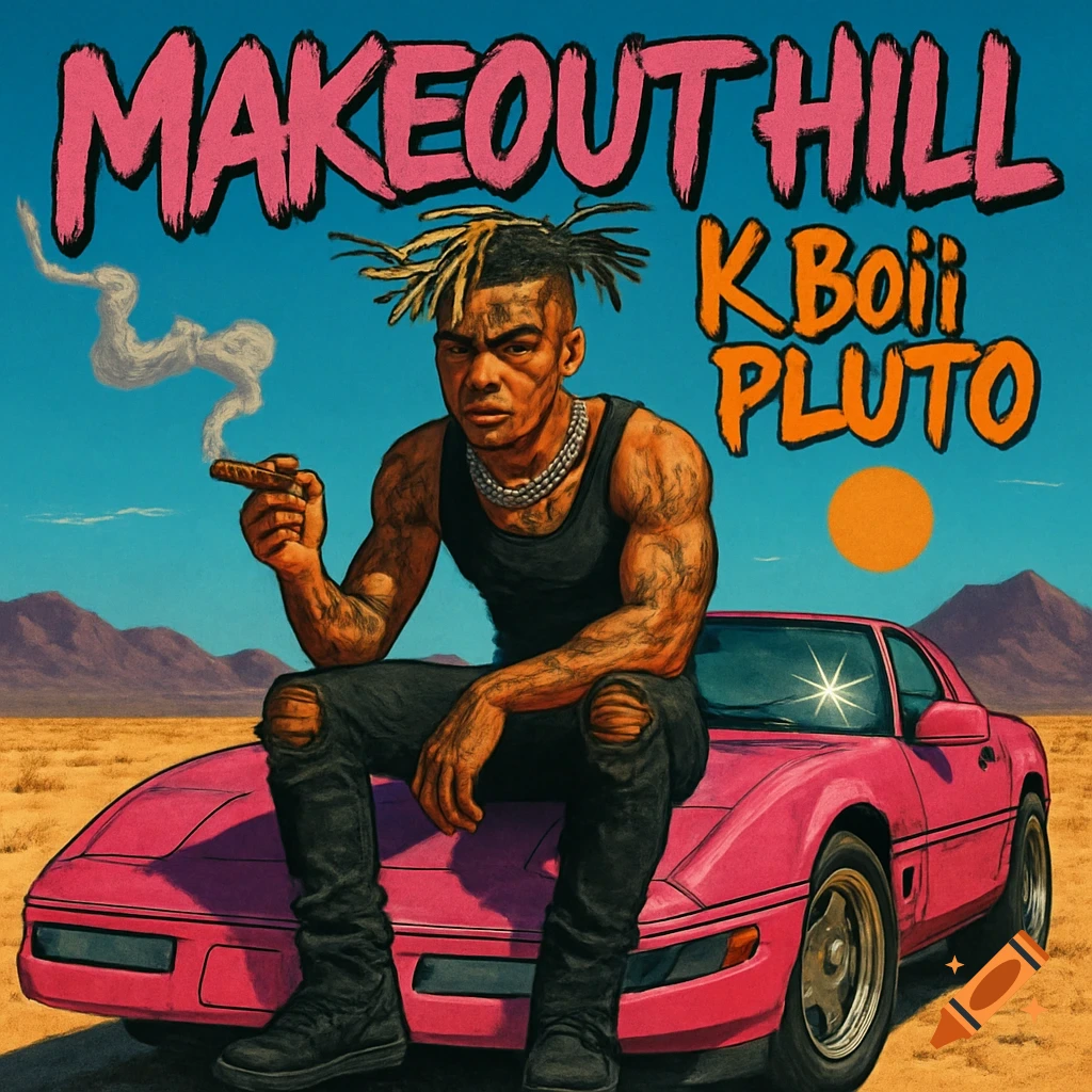 A stylized album cover featuring a muscular man with dreadlocks, resembling X-Tentacion and Mike Tyson, sitting on a pink Corvette in a desert landscape, holding a cigar. The title "MAKEOUT HILL" and artist "K Boii PLUTO" are visible.
