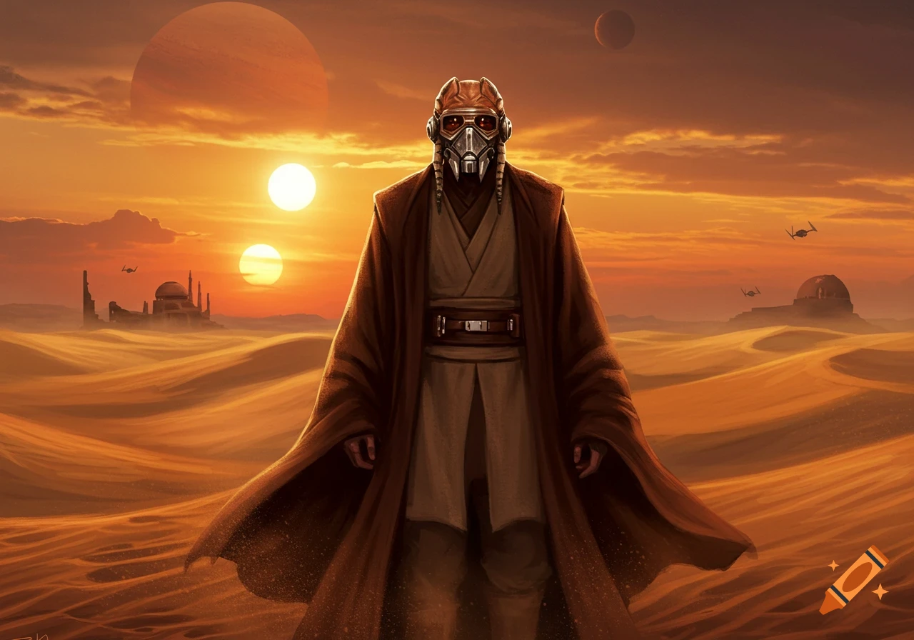 A masked, robed alien stands centered on a desert planet with multiple suns setting over distant structures and flying spacecraft.