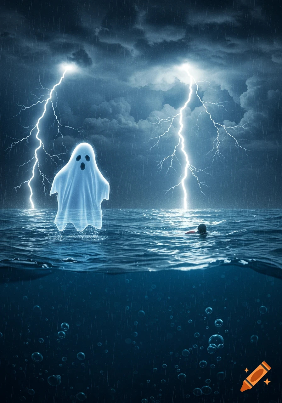 A translucent white ghost floats above a stormy ocean with lightning striking. A swimmer is in the water.