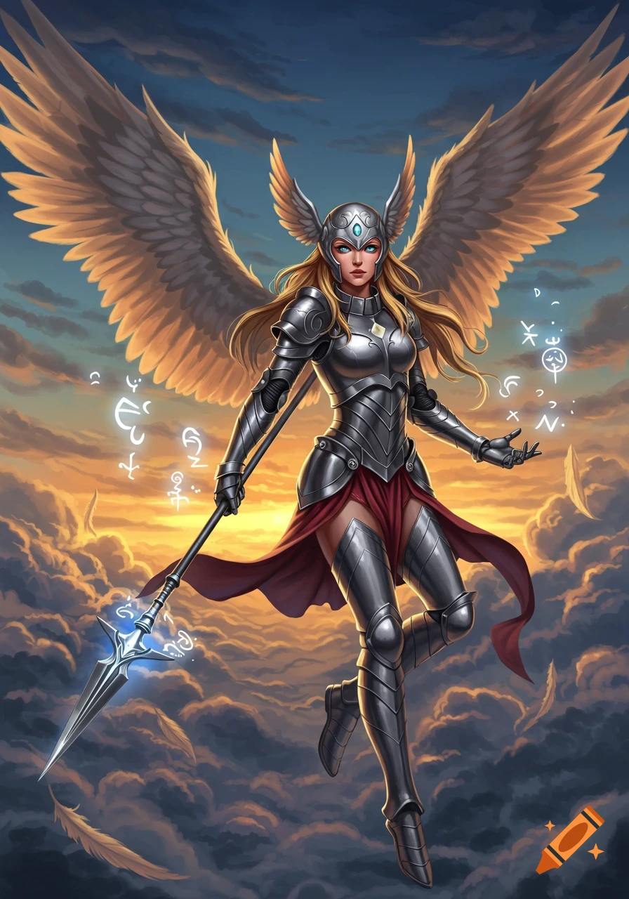 A majestic winged Valkyrie in shining silver armor and a red skirt, holding a glowing spear, flies through a cloud-filled sky at sunset with magical runes floating around her.