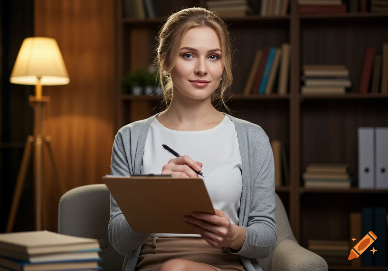 A blonde woman in a white blouse and gray cardigan holds a clipboard in a psychiatrist's office with bookshelves in the background.