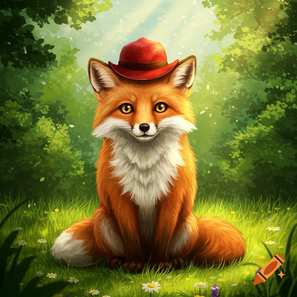 A cute, stylized orange fox with a white chest and tail tip wears a red hat while sitting in a green, sunlit forest clearing with small white flowers.