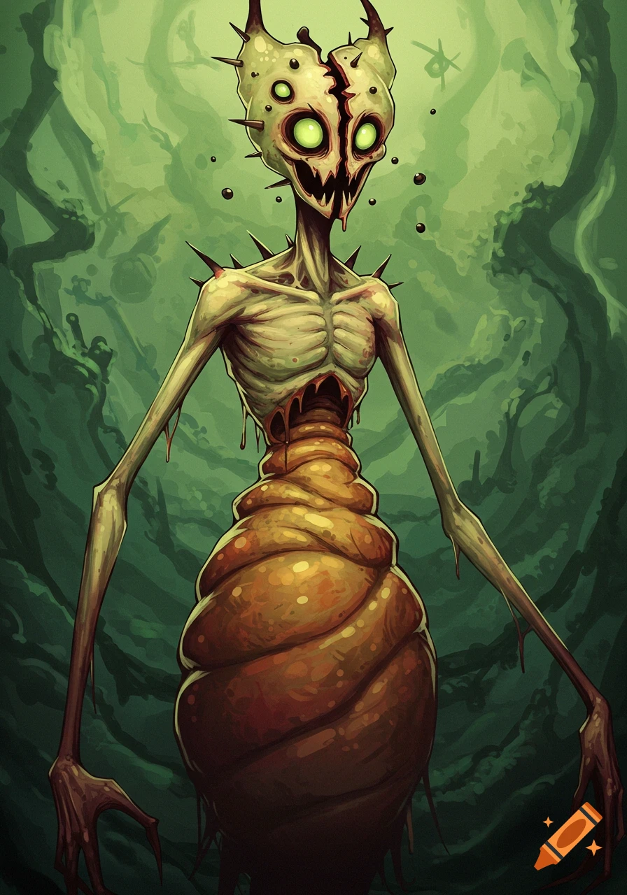 A gaunt, thorny, worm-like creature with glowing green eyes and a cracked skull-like head against a murky green background.