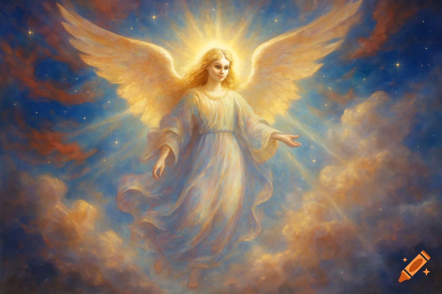 A luminous blonde-haired angel with large golden wings and a flowing blue and white gown floats in a radiant, cloudy, starry sky.