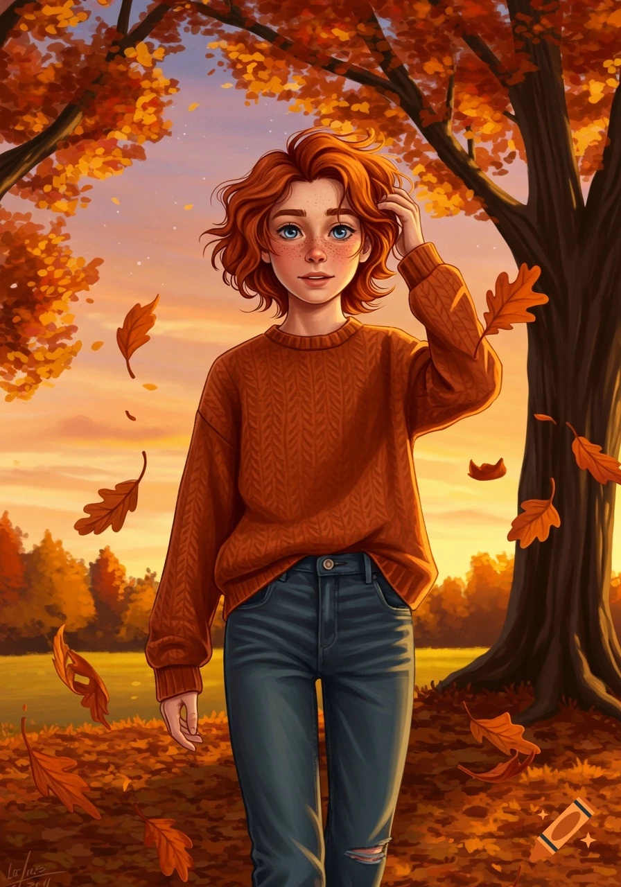 A vibrant illustration of a young person with red hair standing in an autumn forest with falling leaves and warm colors.