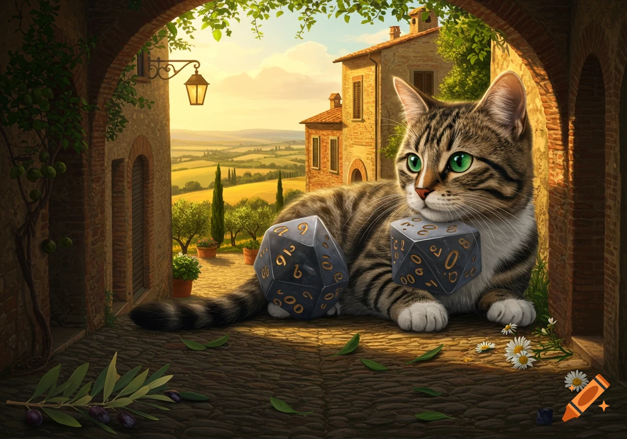 A tabby cat with green eyes rests between two large gaming dice in an Italian countryside archway at sunset, with buildings and fields in the background.