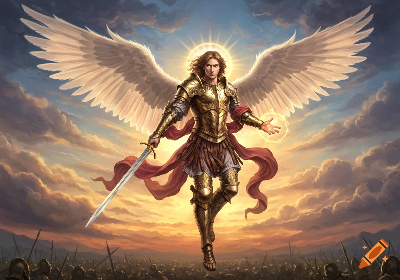 An archangel in shining golden armor with large white wings, holding a sword and radiating light, stands over a battleground at sunset.