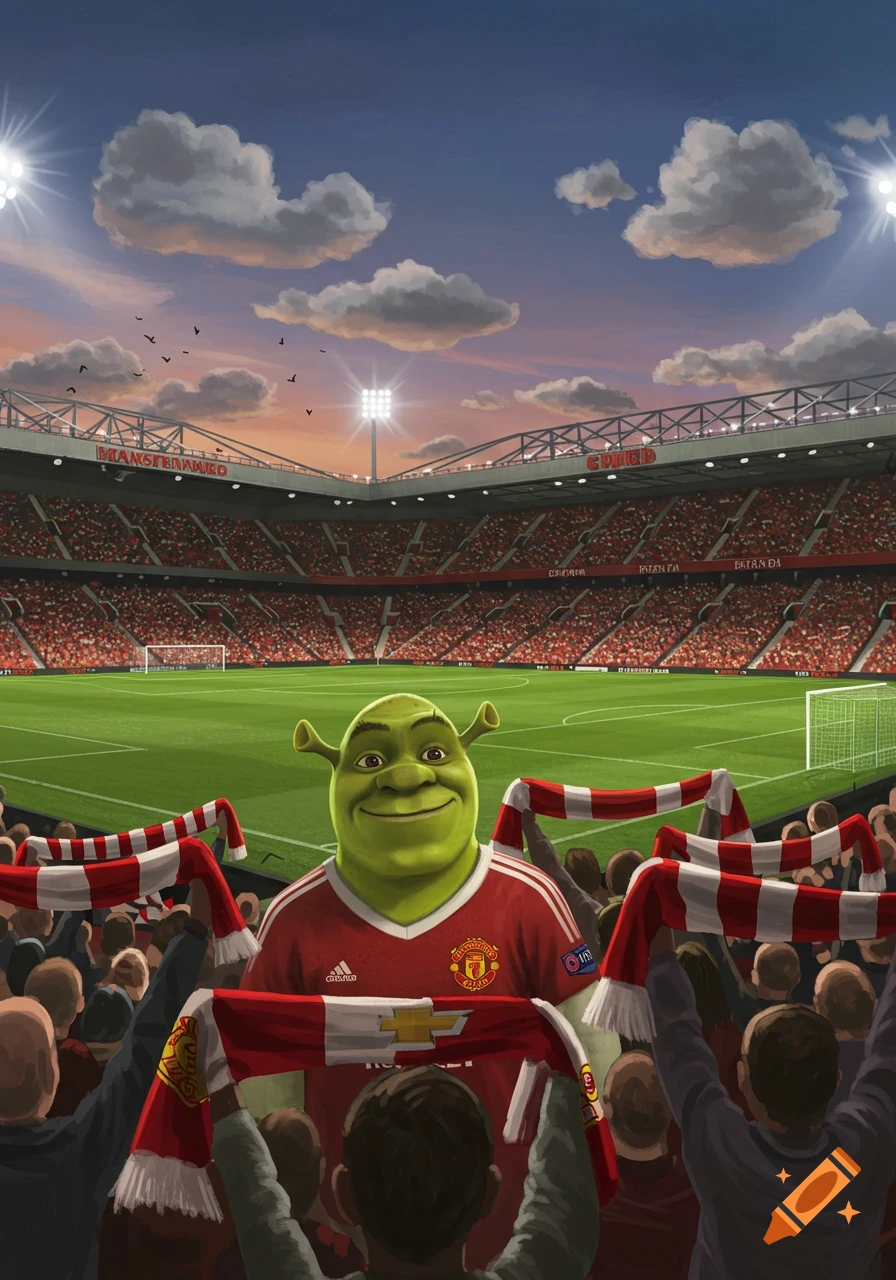 Shrek, wearing a Manchester United football jersey, smiles in the foreground of a large, crowded football stadium under a sunset sky. Spectators hold up red and white scarves.