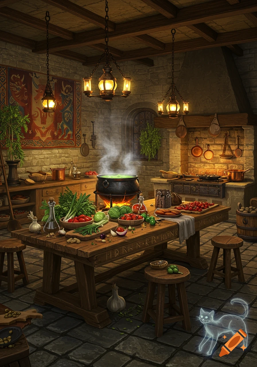 A detailed illustration of a medieval fantasy kitchen, featuring a steaming cauldron, a table piled with vegetables, and a glowing ghost cat.