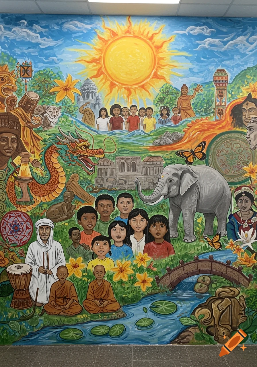 A vibrant wall mural depicting a diverse group of people, various cultural symbols, a dragon, an elephant, and natural landscapes under a bright sun.