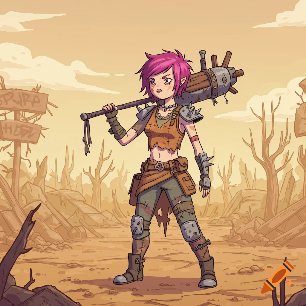 A pink-haired raider girl with a spiked club stands in a desolate, post-apocalyptic landscape in an Adventure Time cartoon style.