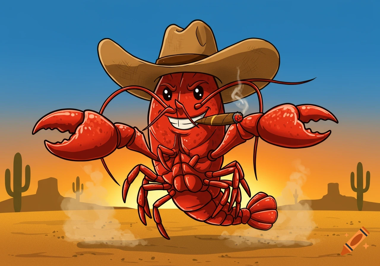 A cartoon red lobster wearing a cowboy hat and smoking a cigar, standing in a desert landscape at sunset.